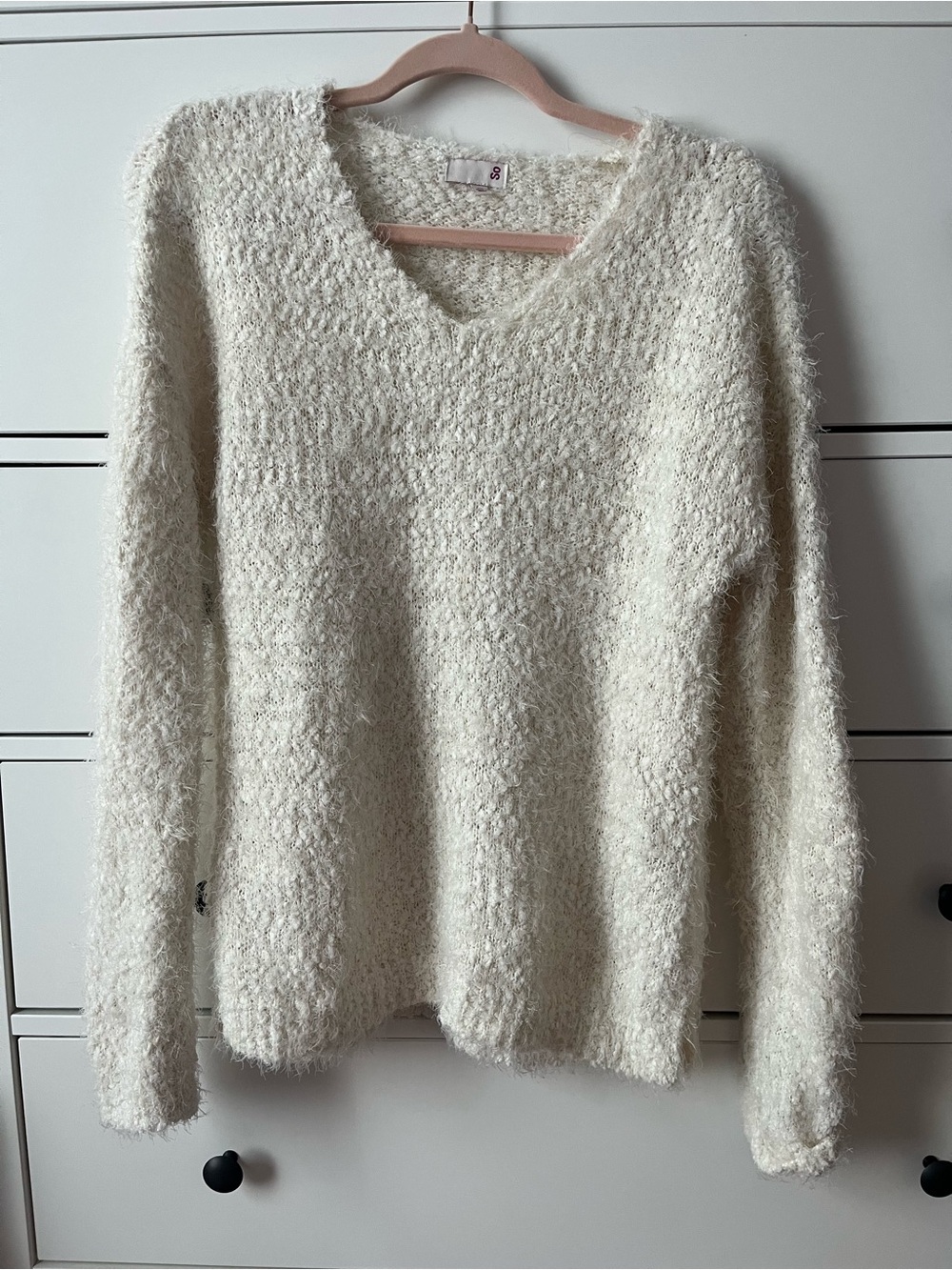 SO Cream Textured V-Neck Fuzzy Knit Sweater